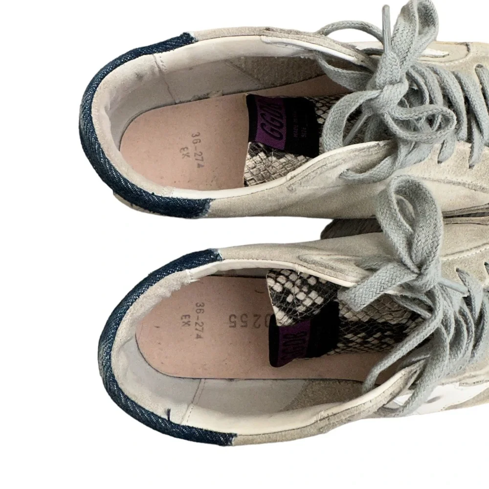 Golden Goose Denim Trimmed Snakeskin Leather Superstar Sneakers Gray Purple - Picture 7 of 11